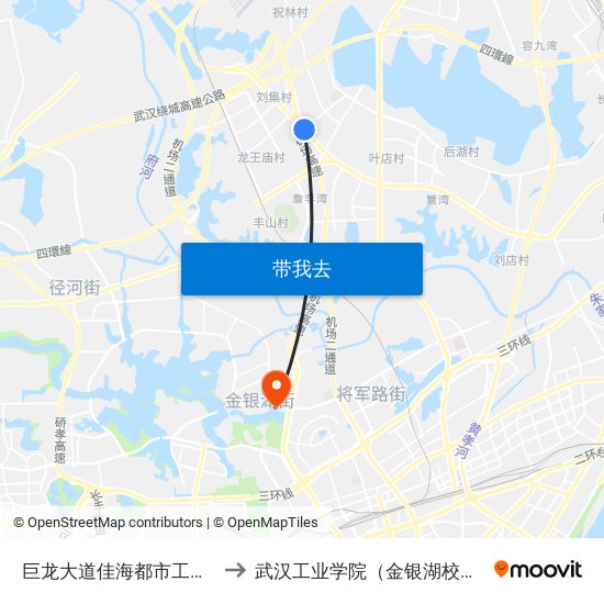巨龙大道佳海都市工业园 to 武汉工业学院（金银湖校区） map