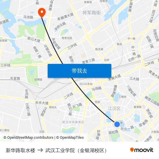 新华路取水楼 to 武汉工业学院（金银湖校区） map