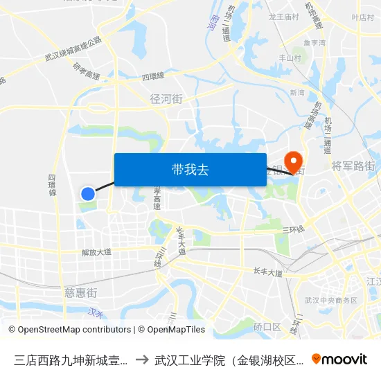 三店西路九坤新城壹号 to 武汉工业学院（金银湖校区） map