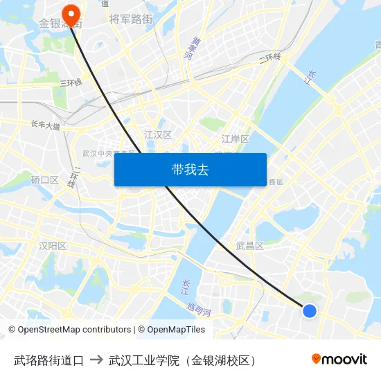 武珞路街道口 to 武汉工业学院（金银湖校区） map