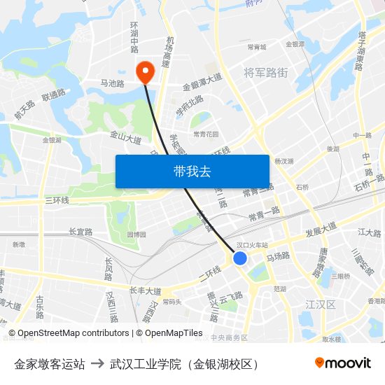金家墩客运站 to 武汉工业学院（金银湖校区） map