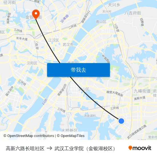 高新六路长咀社区 to 武汉工业学院（金银湖校区） map