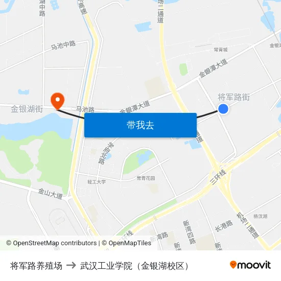将军路养殖场 to 武汉工业学院（金银湖校区） map