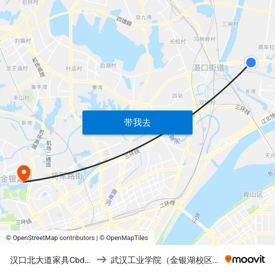 汉口北大道家具Cbd西 to 武汉工业学院（金银湖校区） map