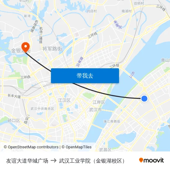 友谊大道华城广场 to 武汉工业学院（金银湖校区） map
