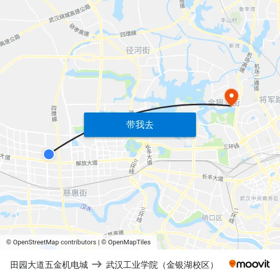田园大道五金机电城 to 武汉工业学院（金银湖校区） map