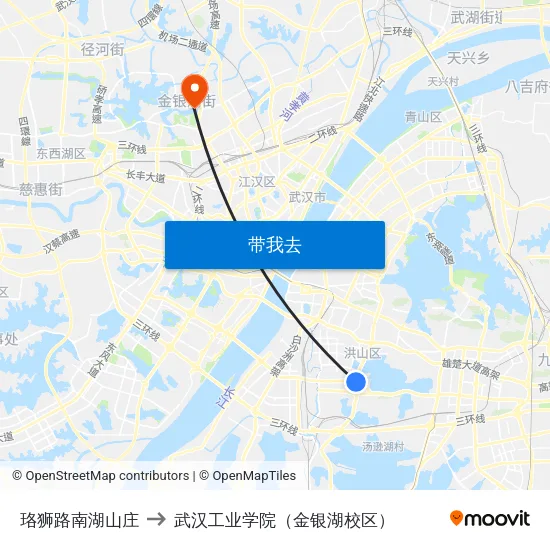 珞狮路南湖山庄 to 武汉工业学院（金银湖校区） map