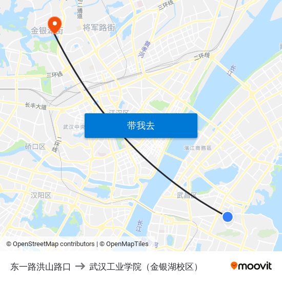 东一路洪山路口 to 武汉工业学院（金银湖校区） map