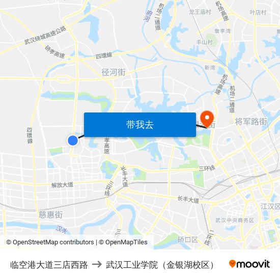 临空港大道三店西路 to 武汉工业学院（金银湖校区） map