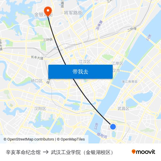 辛亥革命纪念馆 to 武汉工业学院（金银湖校区） map