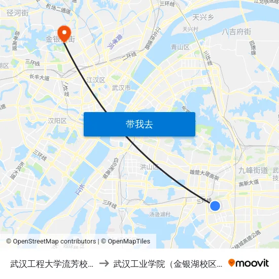 武汉工程大学流芳校区 to 武汉工业学院（金银湖校区） map