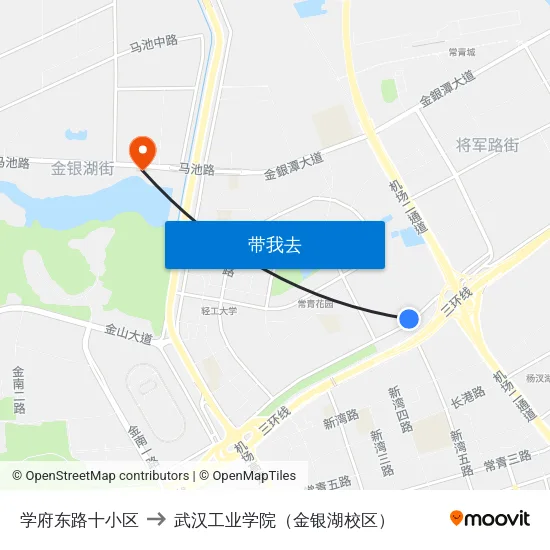 学府东路十小区 to 武汉工业学院（金银湖校区） map