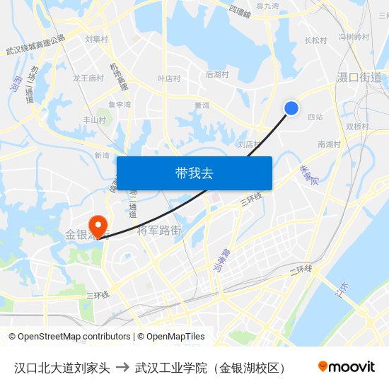 汉口北大道刘家头 to 武汉工业学院（金银湖校区） map