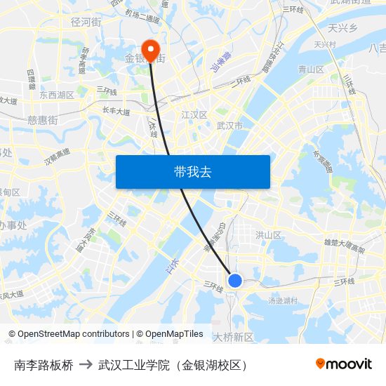 南李路板桥 to 武汉工业学院（金银湖校区） map