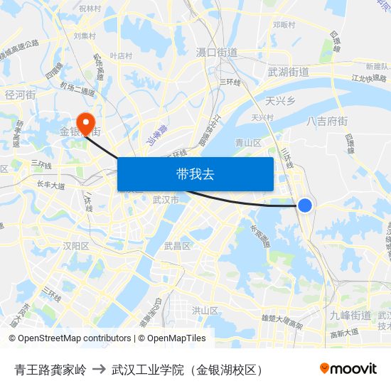 青王路龚家岭 to 武汉工业学院（金银湖校区） map