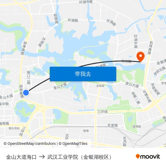 金山大道海口 to 武汉工业学院（金银湖校区） map