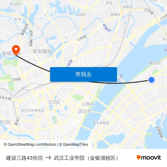 建设三路43街坊 to 武汉工业学院（金银湖校区） map