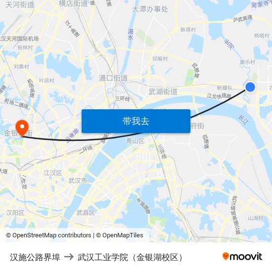 汉施公路界埠 to 武汉工业学院（金银湖校区） map