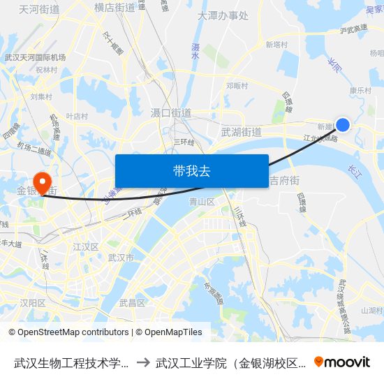 武汉生物工程技术学院 to 武汉工业学院（金银湖校区） map