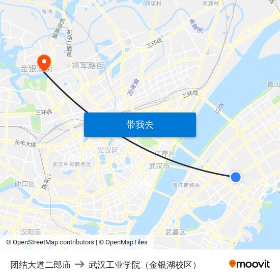 团结大道二郎庙 to 武汉工业学院（金银湖校区） map