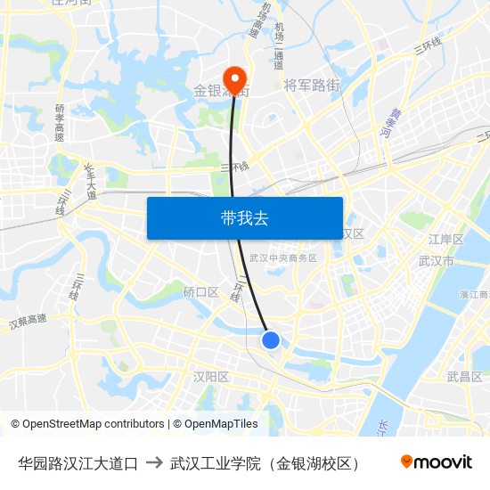 华园路汉江大道口 to 武汉工业学院（金银湖校区） map