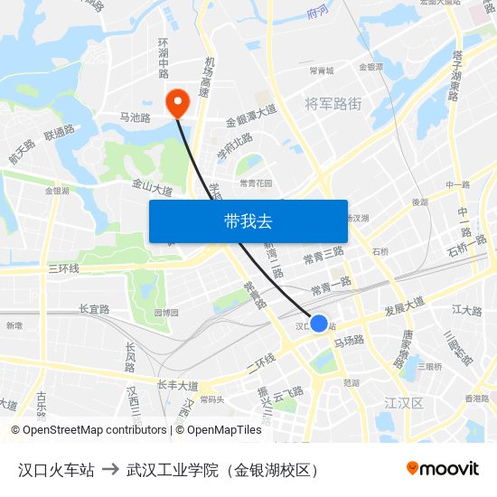 汉口火车站 to 武汉工业学院（金银湖校区） map