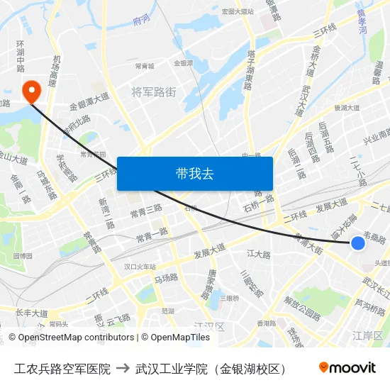 工农兵路空军医院 to 武汉工业学院（金银湖校区） map