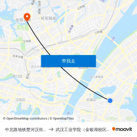 中北路地铁楚河汉街站 to 武汉工业学院（金银湖校区） map