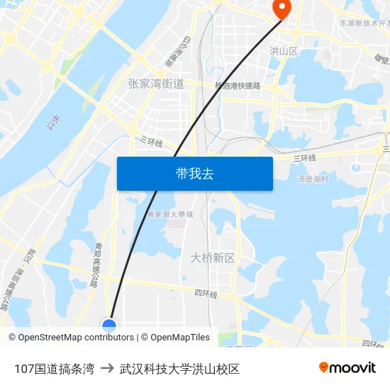 107国道搞条湾 to 武汉科技大学洪山校区 map