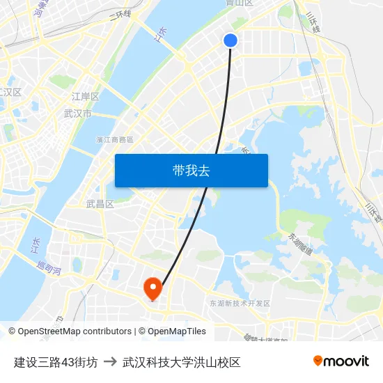 建设三路43街坊 to 武汉科技大学洪山校区 map