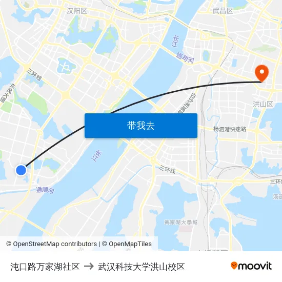 沌口路万家湖社区 to 武汉科技大学洪山校区 map
