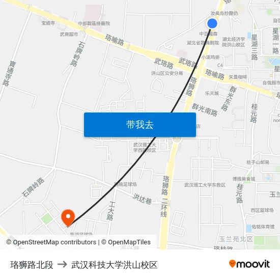 珞狮路北段 to 武汉科技大学洪山校区 map