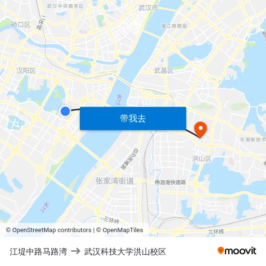 江堤中路马路湾 to 武汉科技大学洪山校区 map