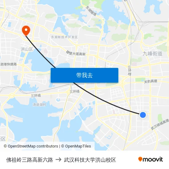佛祖岭三路高新六路 to 武汉科技大学洪山校区 map
