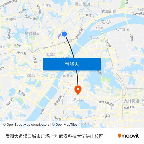 后湖大道汉口城市广场 to 武汉科技大学洪山校区 map