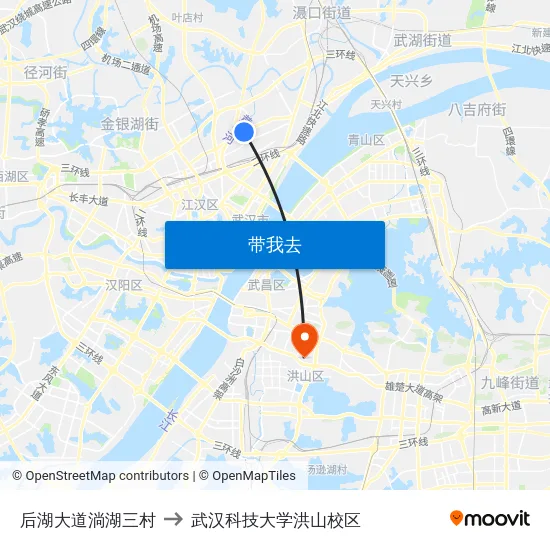 后湖大道淌湖三村 to 武汉科技大学洪山校区 map