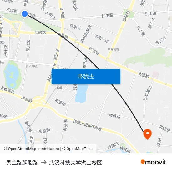 民主路胭脂路 to 武汉科技大学洪山校区 map