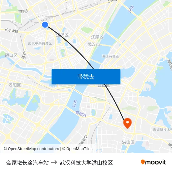 金家墩长途汽车站 to 武汉科技大学洪山校区 map