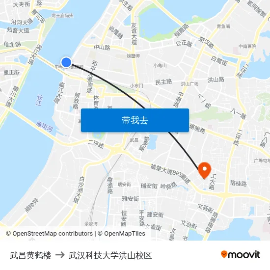 武昌黄鹤楼 to 武汉科技大学洪山校区 map