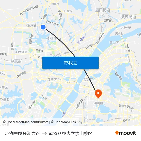 环湖中路环湖六路 to 武汉科技大学洪山校区 map