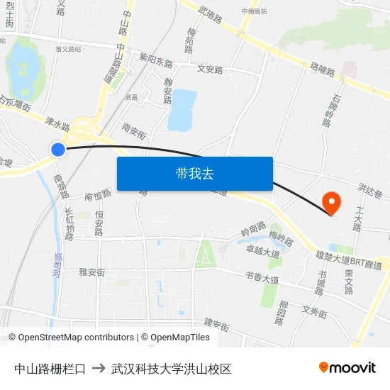 中山路栅栏口 to 武汉科技大学洪山校区 map