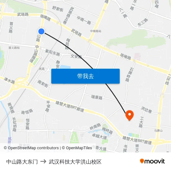 中山路大东门 to 武汉科技大学洪山校区 map