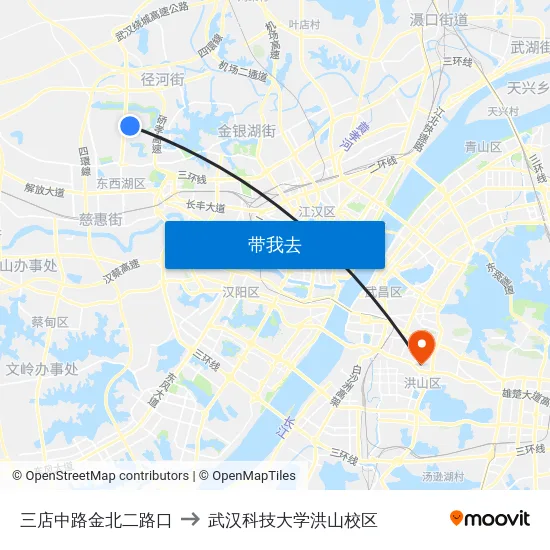 三店中路金北二路口 to 武汉科技大学洪山校区 map