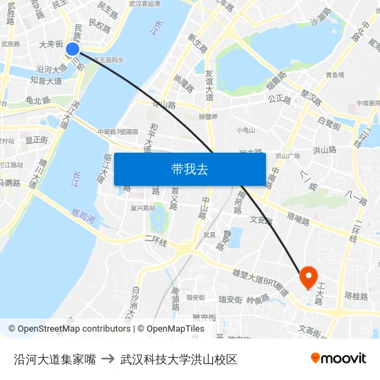 沿河大道集家嘴 to 武汉科技大学洪山校区 map