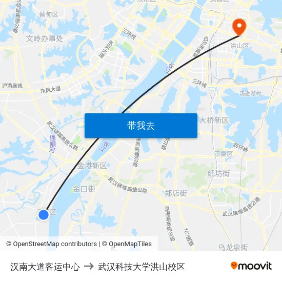 汉南大道客运中心 to 武汉科技大学洪山校区 map