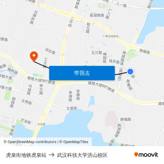 虎泉街地铁虎泉站 to 武汉科技大学洪山校区 map