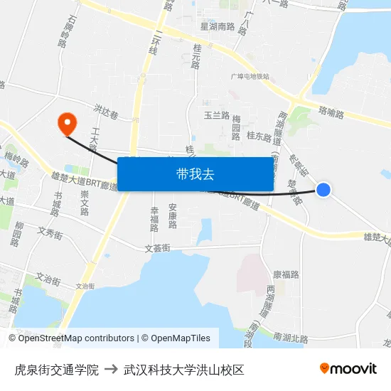 虎泉街交通学院 to 武汉科技大学洪山校区 map