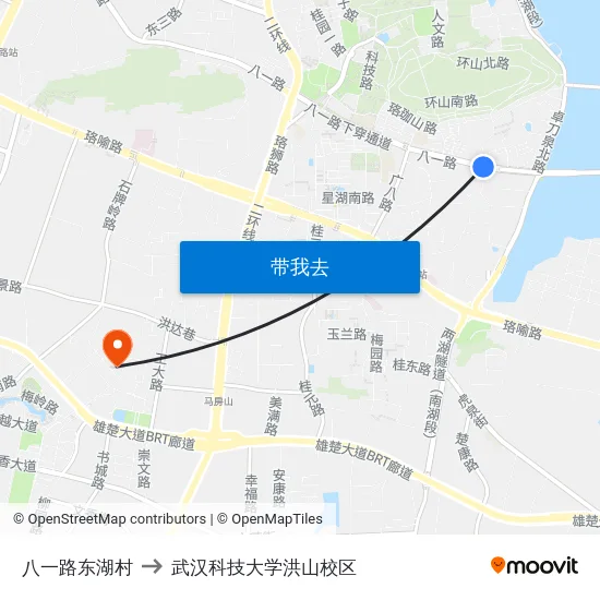 八一路东湖村 to 武汉科技大学洪山校区 map