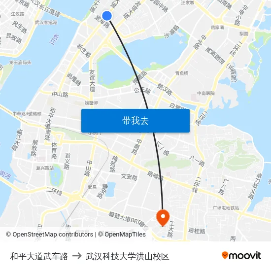 和平大道武车路 to 武汉科技大学洪山校区 map
