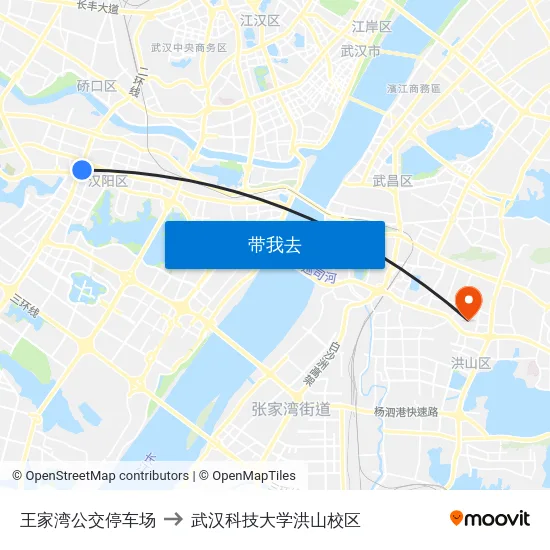 王家湾公交停车场 to 武汉科技大学洪山校区 map